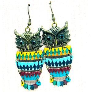 Owl Dangle Earrings Metal and Enamel Antique Gold Tone Fairycore Goblincore